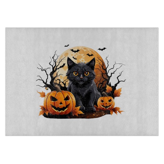 Black cat surrounded by pumpkins cutting board (Front)