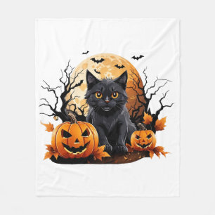 Black cat surrounded by pumpkins fleece blanket