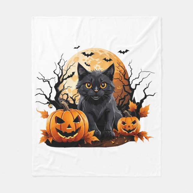 Black cat surrounded by pumpkins fleece blanket (Front)