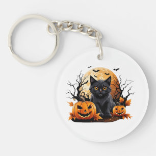 Black cat surrounded by pumpkins key ring