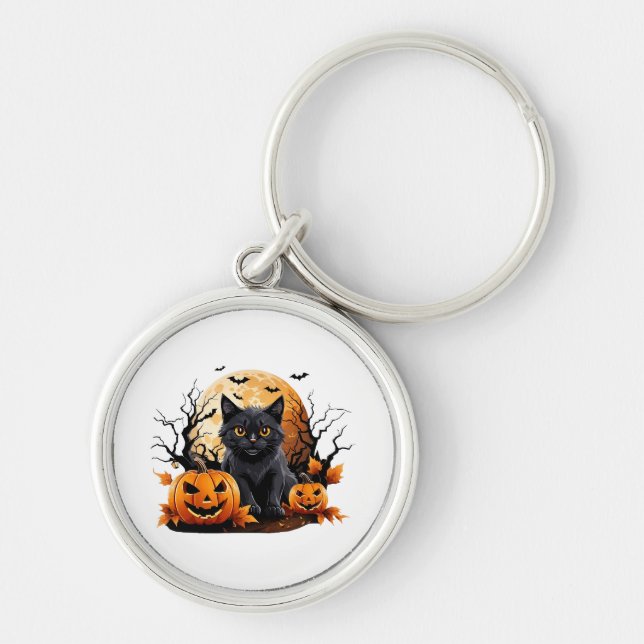 Black cat surrounded by pumpkins key ring (Front)