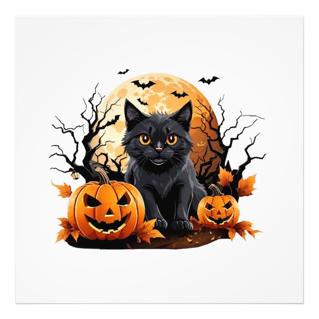Black cat surrounded by pumpkins photo print (Front)