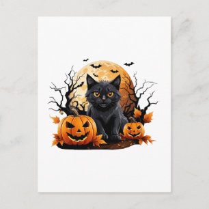 Black cat surrounded by pumpkins postcard