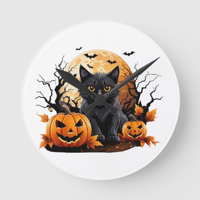 Black cat surrounded by pumpkins round clock (Front)