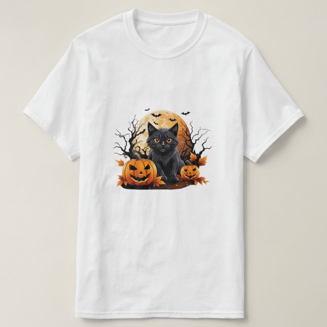 Black cat surrounded by pumpkins T-Shirt (Design Front)
