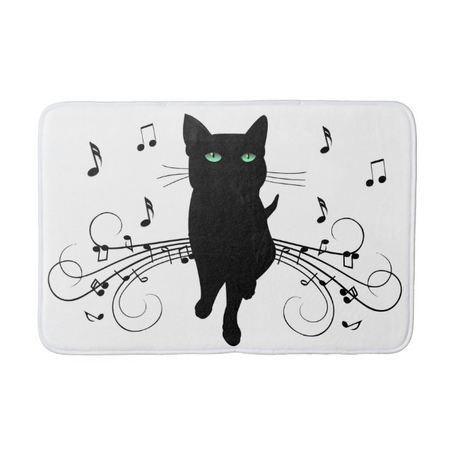 Black Cat Surrounded by Whispering Notes of Music Bath Mat (Front)
