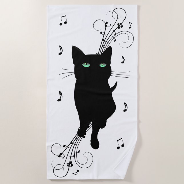 Black Cat Surrounded by Whispering Notes of Music Beach Towel (Front)