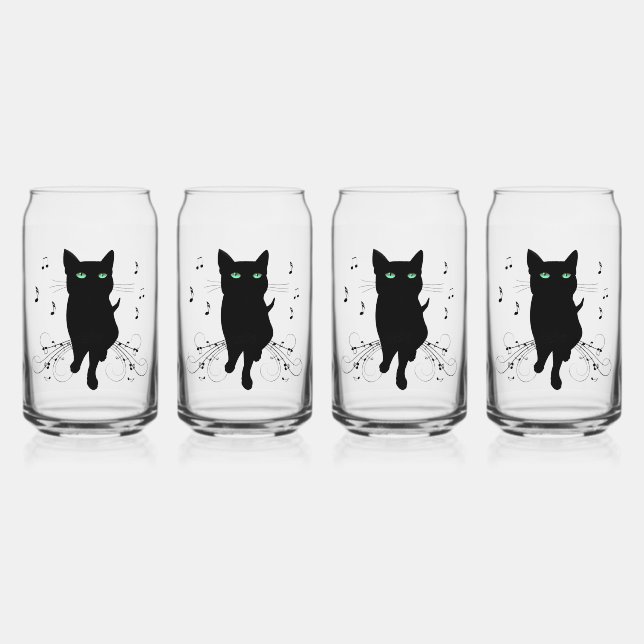 Black Cat Surrounded by Whispering Notes of Music Can Glass (Front)