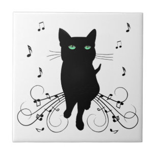Black Cat Surrounded by Whispering Notes of Music Ceramic Tile