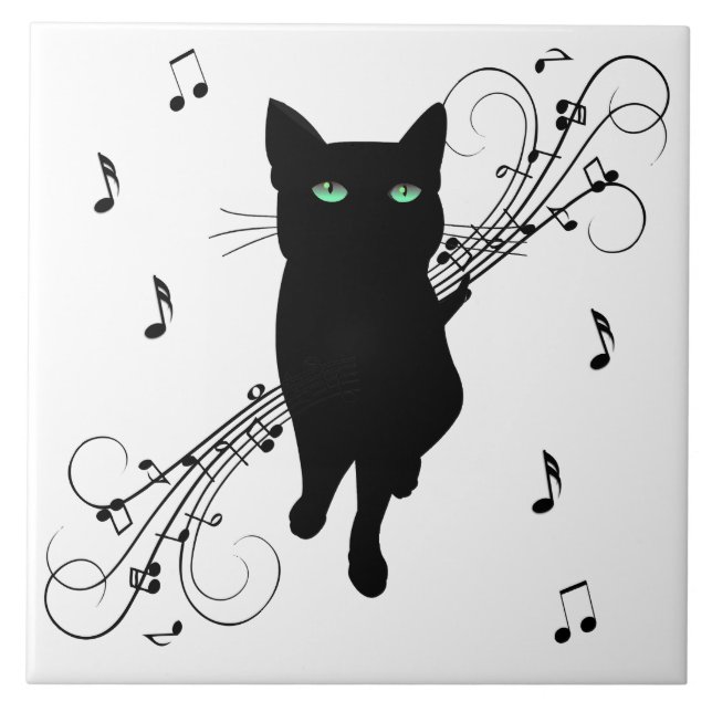 Black Cat Surrounded by Whispering Notes of Music Ceramic Tile (Front)
