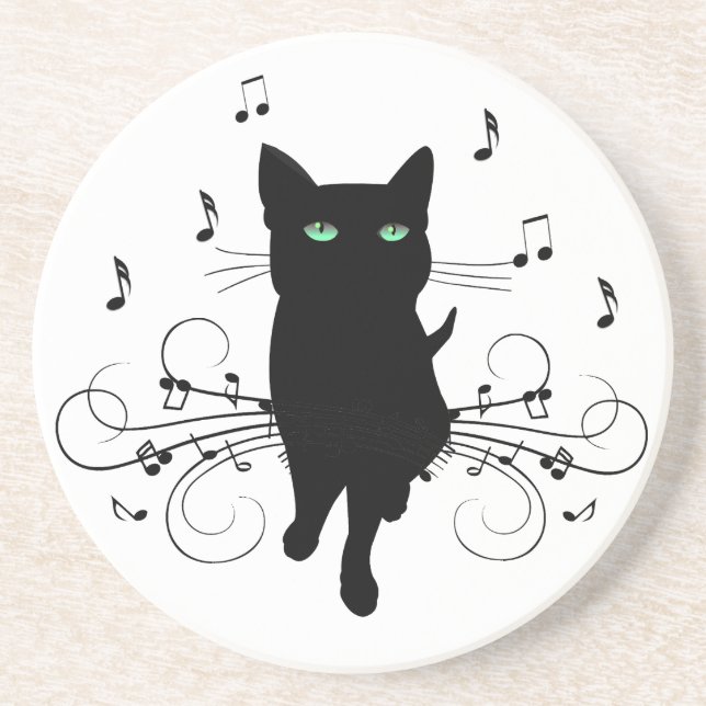 Black Cat Surrounded by Whispering Notes of Music Coaster (Front)