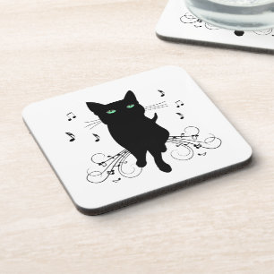 Black Cat Surrounded by Whispering Notes of Music Coaster