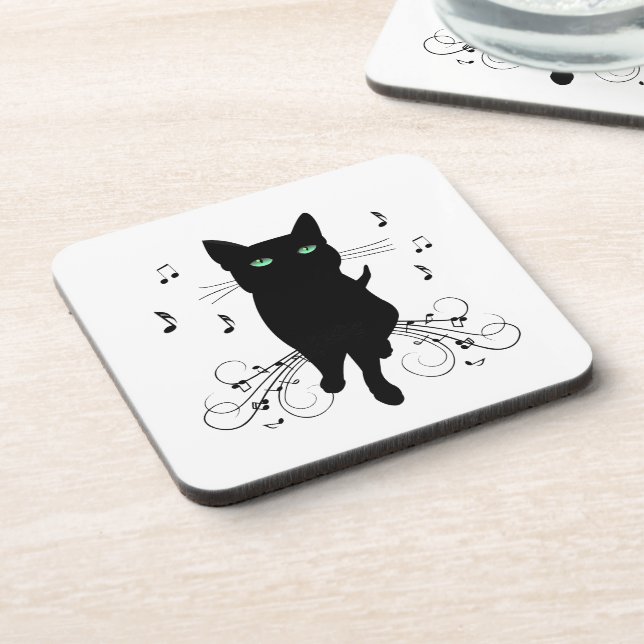 Black Cat Surrounded by Whispering Notes of Music Coaster (Left Side)