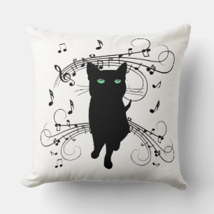 Black Cat Surrounded by Whispering Notes of Music Cushion