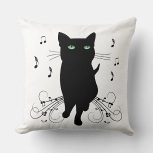 Black Cat Surrounded by Whispering Notes of Music Cushion