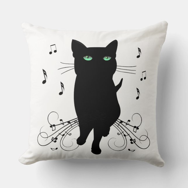Black Cat Surrounded by Whispering Notes of Music Cushion (Front)