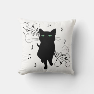 Black Cat Surrounded by Whispering Notes of Music Cushion