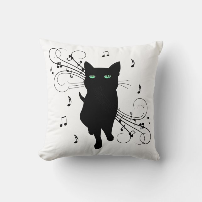 Black Cat Surrounded by Whispering Notes of Music Cushion (Front)