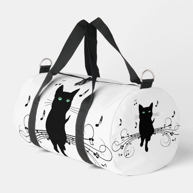 Black Cat Surrounded by Whispering Notes of Music Duffle Bag (Left Corner)