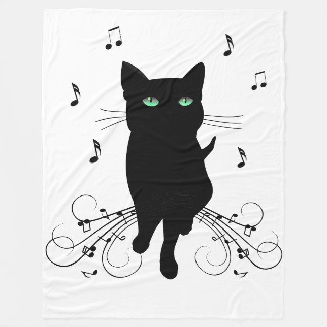 Black Cat Surrounded by Whispering Notes of Music Fleece Blanket (Front)