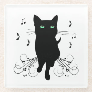 Black Cat Surrounded by Whispering Notes of Music Glass Coaster