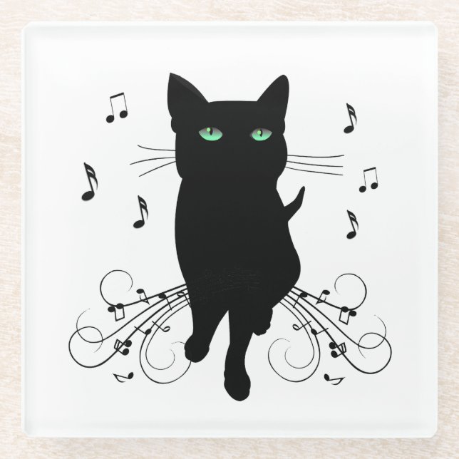 Black Cat Surrounded by Whispering Notes of Music Glass Coaster (Front)