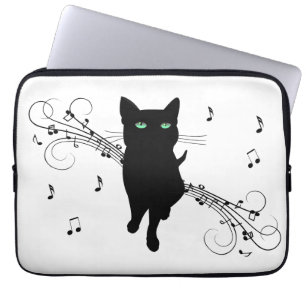 Black Cat Surrounded by Whispering Notes of Music Laptop Sleeve