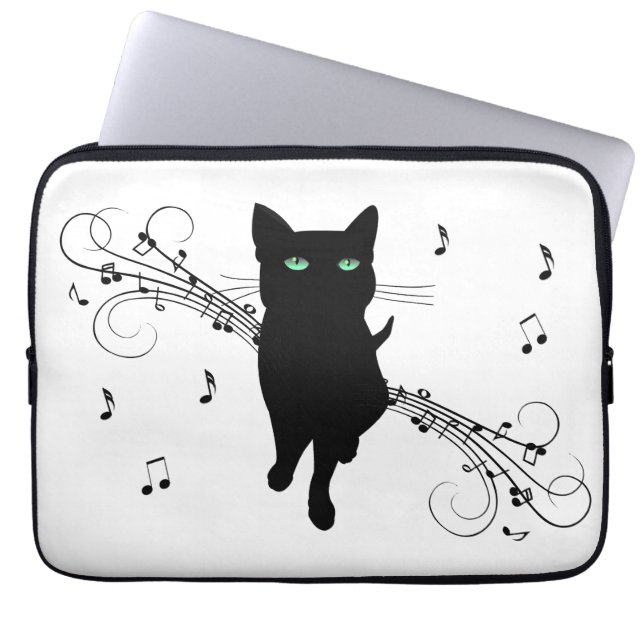 Black Cat Surrounded by Whispering Notes of Music Laptop Sleeve (Front)