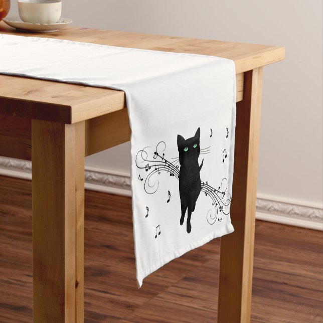 Black Cat Surrounded by Whispering Notes of Music Long Table Runner (In Situ)