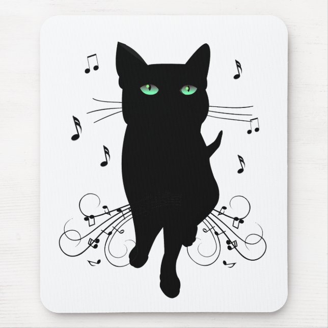 Black Cat Surrounded by Whispering Notes of Music Mouse Pad (Front)