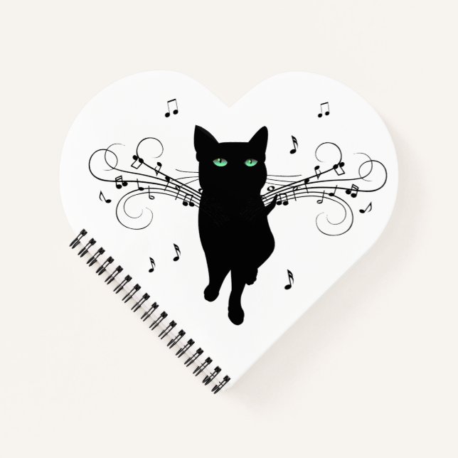 Black Cat Surrounded by Whispering Notes of Music Notebook (Front)