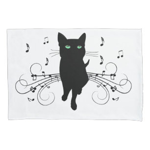Black Cat Surrounded by Whispering Notes of Music Pillowcase