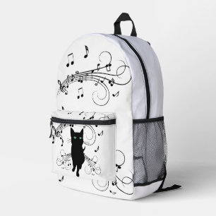Black Cat Surrounded by Whispering Notes of Music Printed Backpack