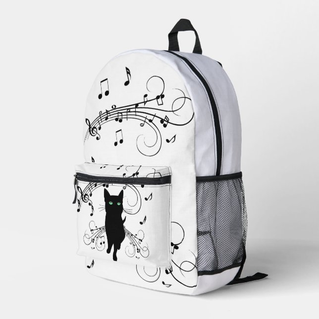 Black Cat Surrounded by Whispering Notes of Music Printed Backpack (Back Corner Right)