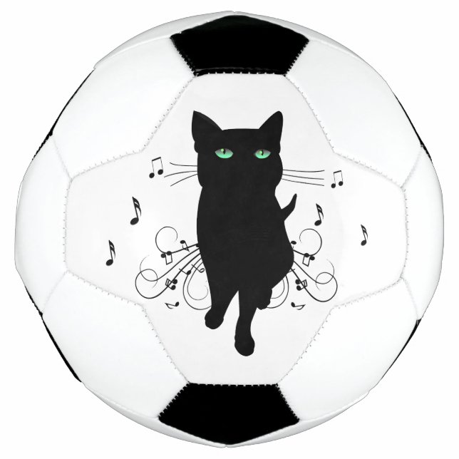 Black Cat Surrounded by Whispering Notes of Music Soccer Ball (Front)