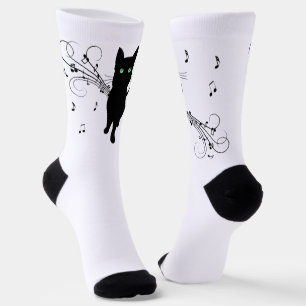 Black Cat Surrounded by Whispering Notes of Music Socks