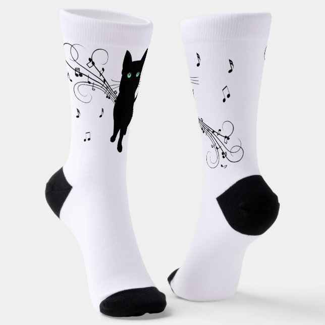 Black Cat Surrounded by Whispering Notes of Music Socks (Angled)