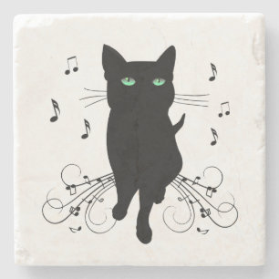 Black Cat Surrounded by Whispering Notes of Music Stone Coaster
