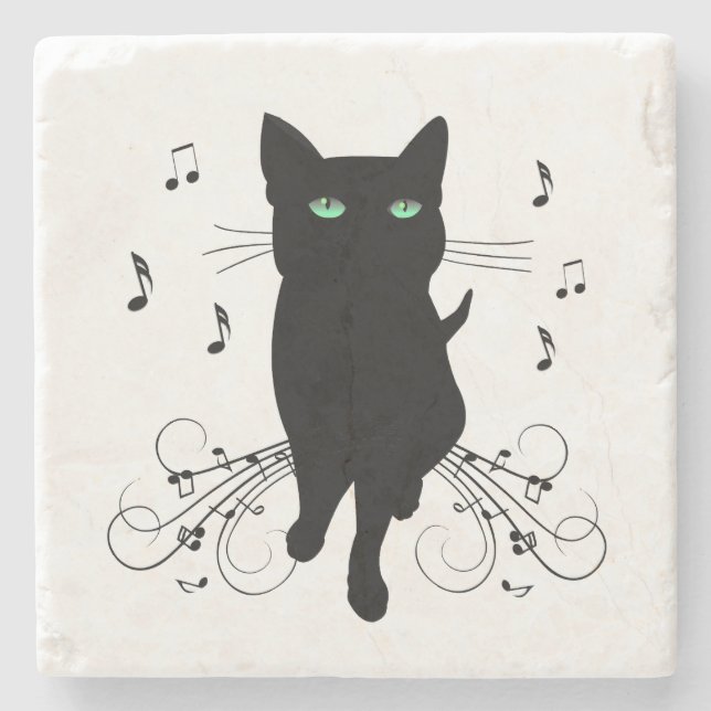 Black Cat Surrounded by Whispering Notes of Music Stone Coaster (Front)