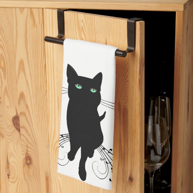Black Cat Surrounded by Whispering Notes of Music Tea Towel (Thirds Fold)