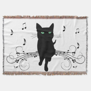 Black Cat Surrounded by Whispering Notes of Music Throw Blanket