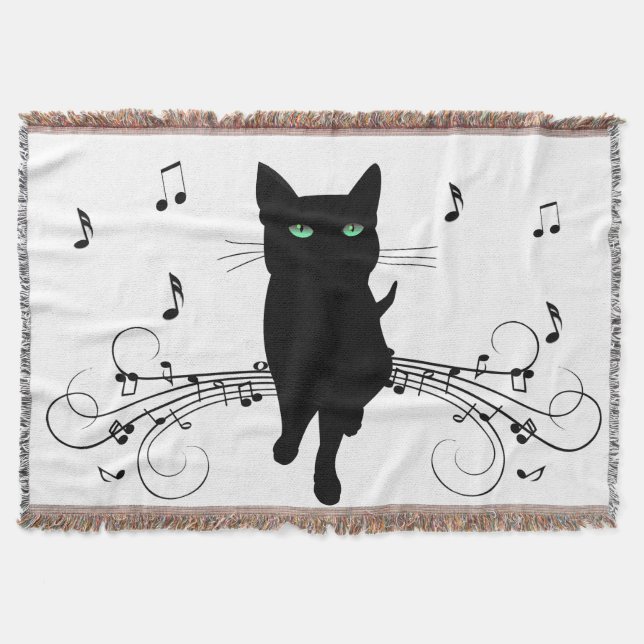 Black Cat Surrounded by Whispering Notes of Music Throw Blanket (Front)