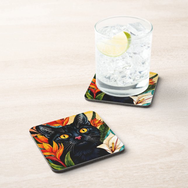 Black Cat Surrounded With Flowers Coaster (Right Side)