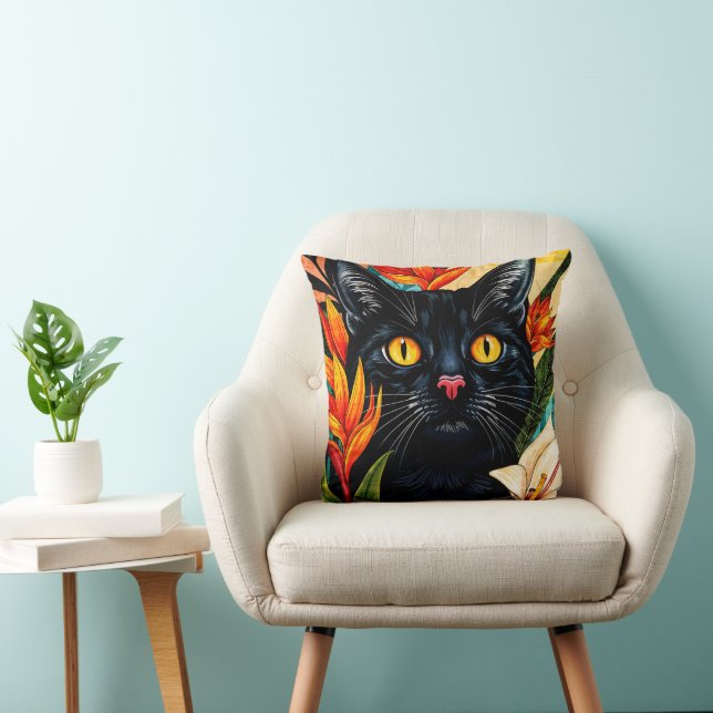 Black Cat Surrounded With Flowers Pillow (Chair)