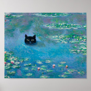 Black Cat Swimming in Water Lilies Decoupage Art  Poster