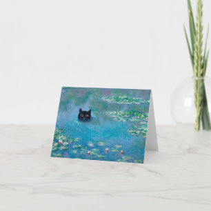 Black Cat Swimming in Water Lilies Decoupage Card