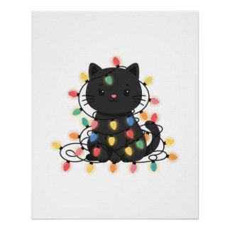 Black Cat Tangled in Christmas Lights Poster