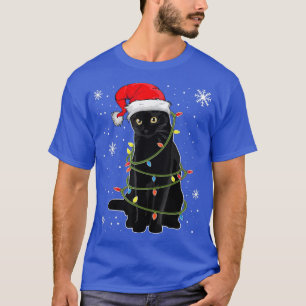 Black Cat Tangled Up In Christmas Lights Santa Hat T-Shirt