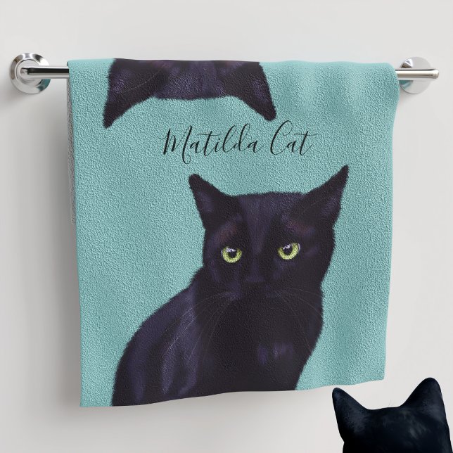 Black Cat Teal Personalised Pet Name Hand Towel (Creator Uploaded)