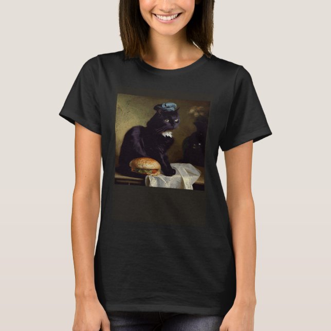 Black Cat Thinking Hamburger T-Shirt (Front)